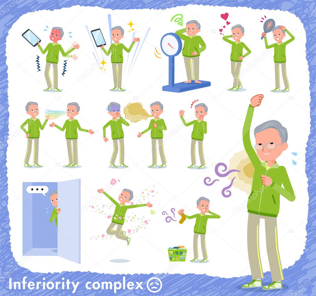 A set of old men in sportswear on inferiority complex.There are actions suffering from smell and appearance.It's vector art so it's easy to edit.