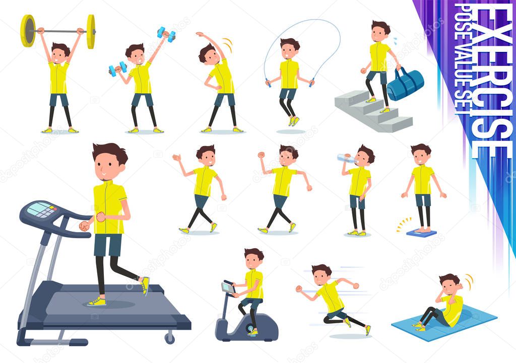 A set of man in sportswear on exercise and sports.There are various actions to move the body healthy.It's vector art so it's easy to edit.