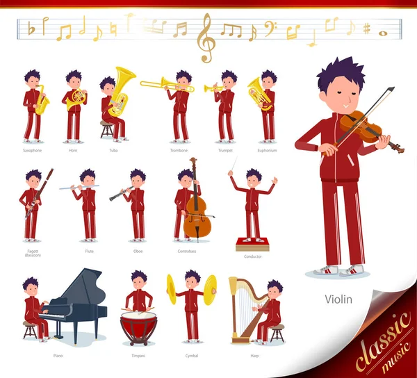 一套穿着运动服的学校男生在古典音乐表演上 有各种动作来演奏各种乐器 如弦乐器和管乐器 它是矢量艺术 所以很容易编辑 — 图库矢量图片