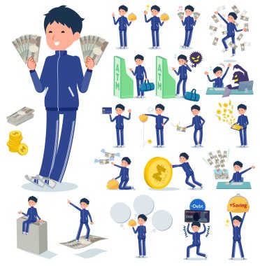 A set of school boy in sportswear with concerning money and economy.There are also actions on success and failure.It's vector art so it's easy to edit.