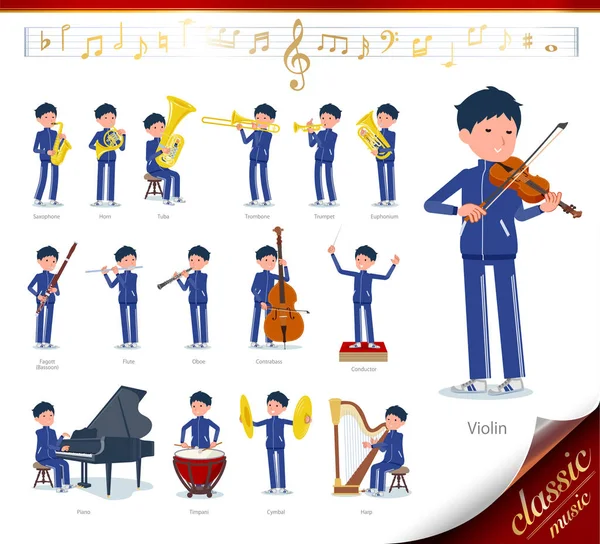 Set School Boy Sportswear Classical Music Performances Actions Play Various — стоковый вектор