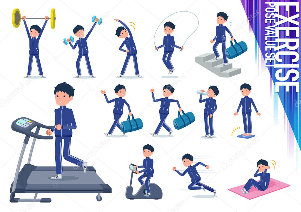 A set of school boy in sportswear on exercise and sports.There are various actions to move the body healthy.It's vector art so it's easy to edit.
