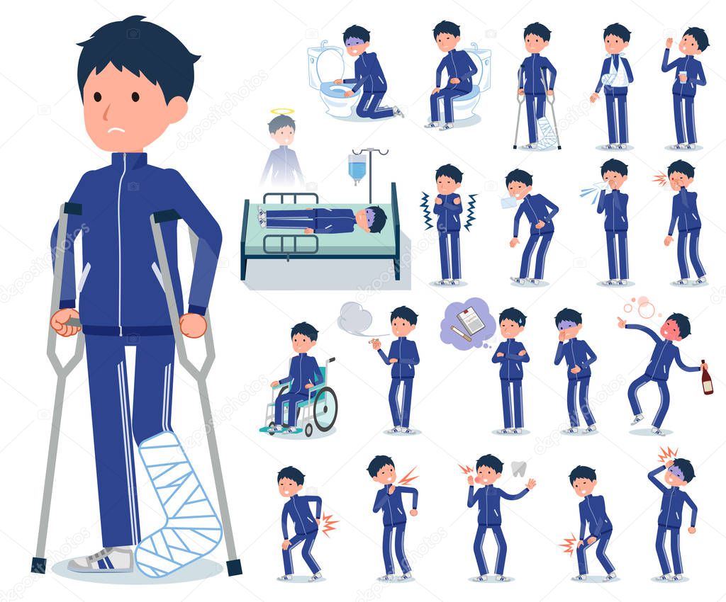 A set of school boy in sportswear with injury and illness.There are actions that express dependence and death.It's vector art so it's easy to edit.