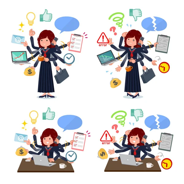 Uppsättning Japan Skol Flicka Som Utför Multitasking Kontoret Det Finns — Stock vektor