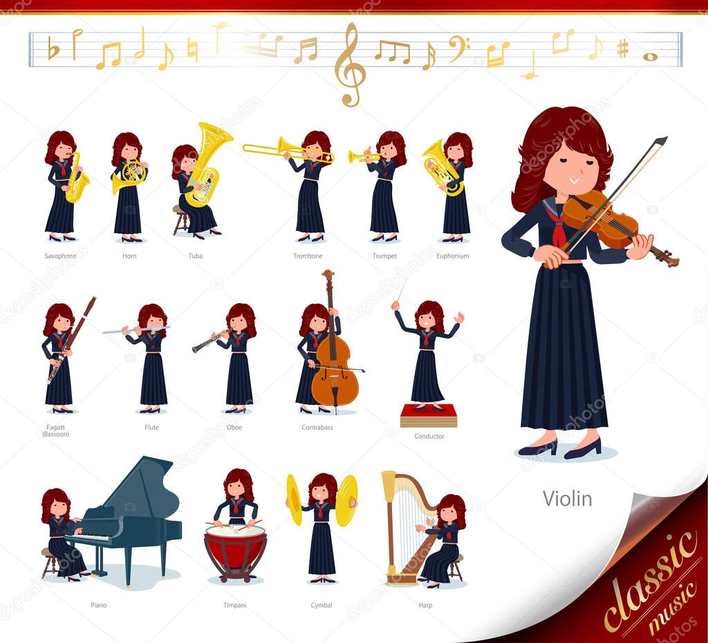 A set of japan school girl on classical music performances.There are actions to play various instruments such as string instruments and wind instruments.It's vector art so it's easy to edit