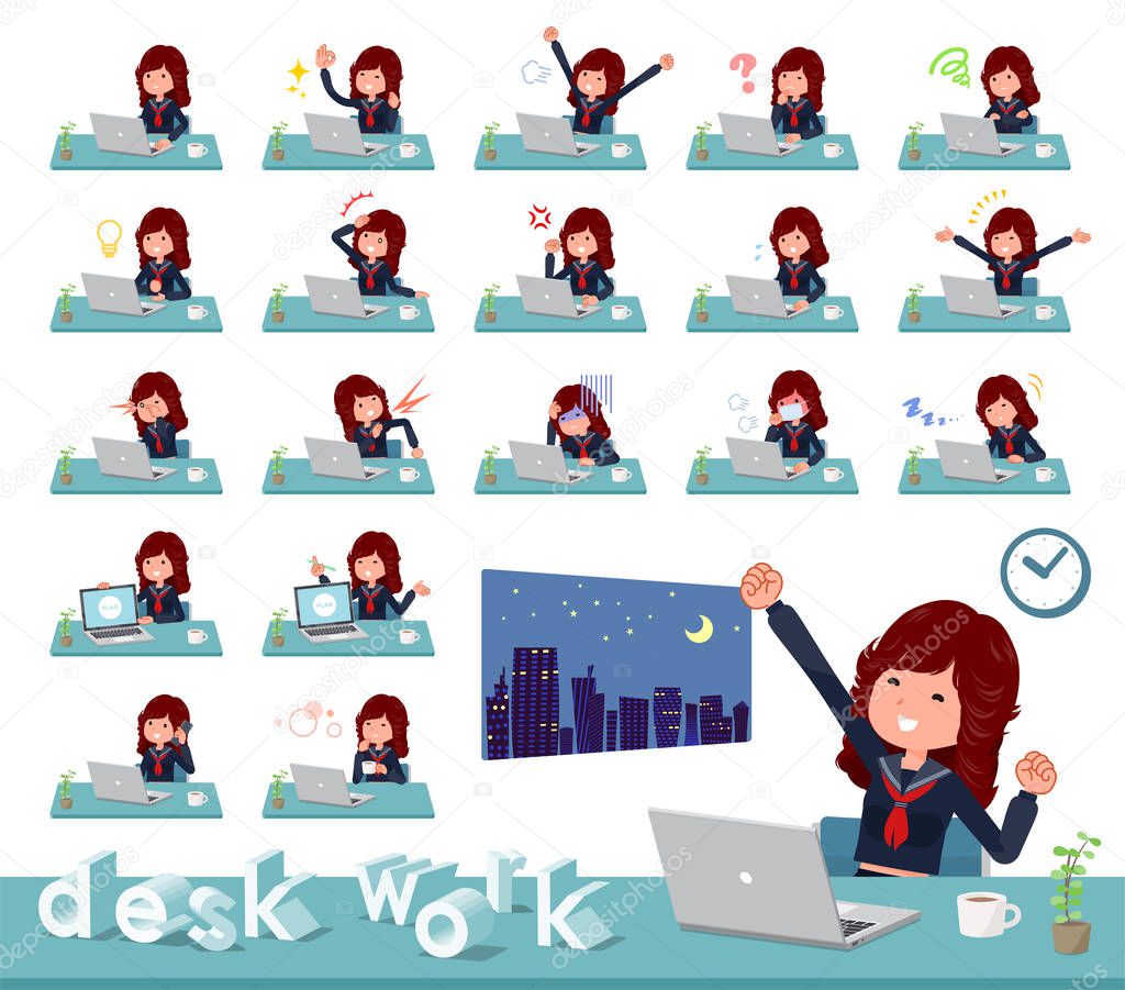 A set of japan school girl on desk work.There are various actions such as feelings and fatigue.It's vector art so it's easy to edit