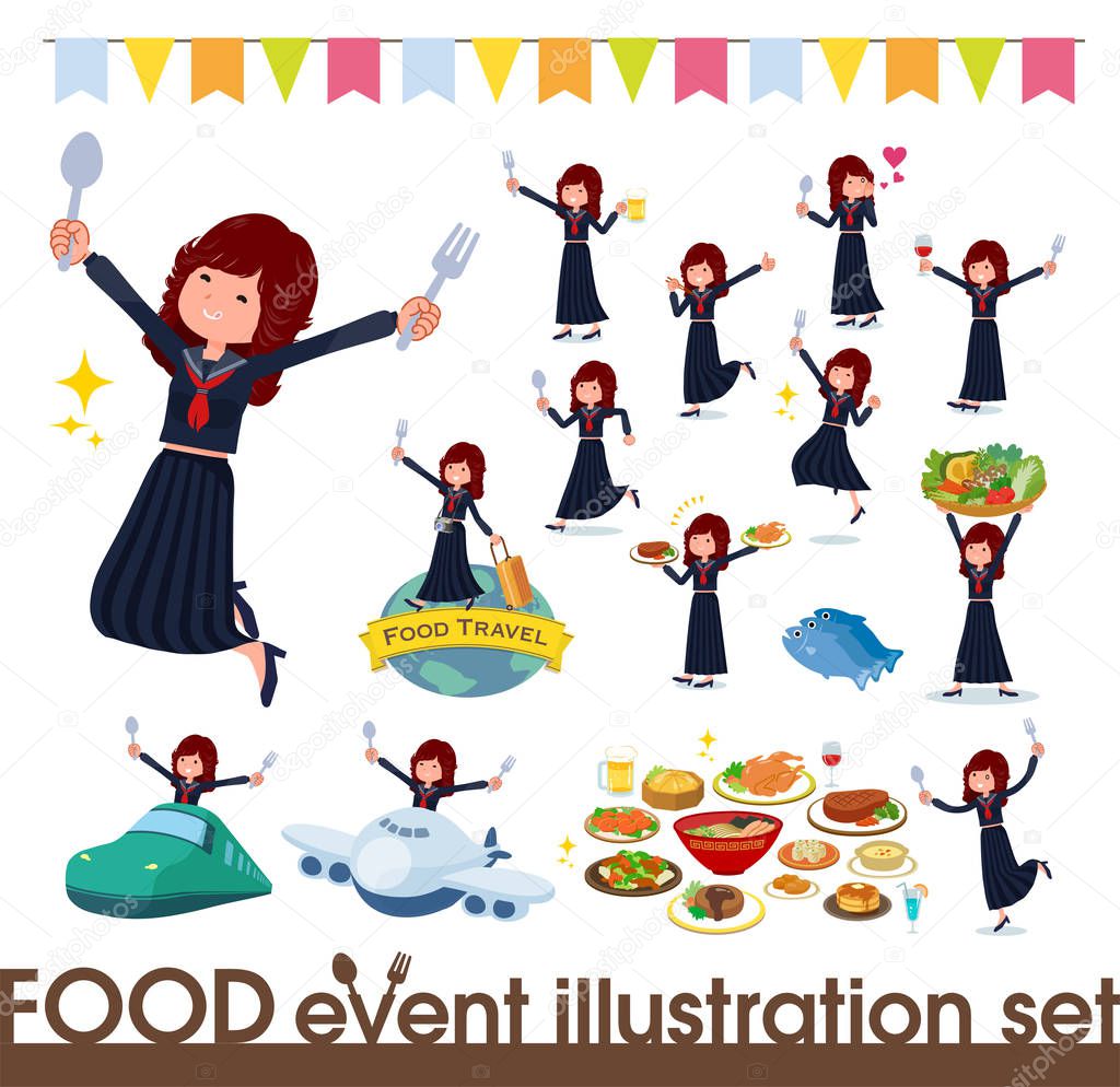 A set of japan school girl on food events.There are actions that have a fork and a spoon and are having fun.It's vector art so it's easy to edit