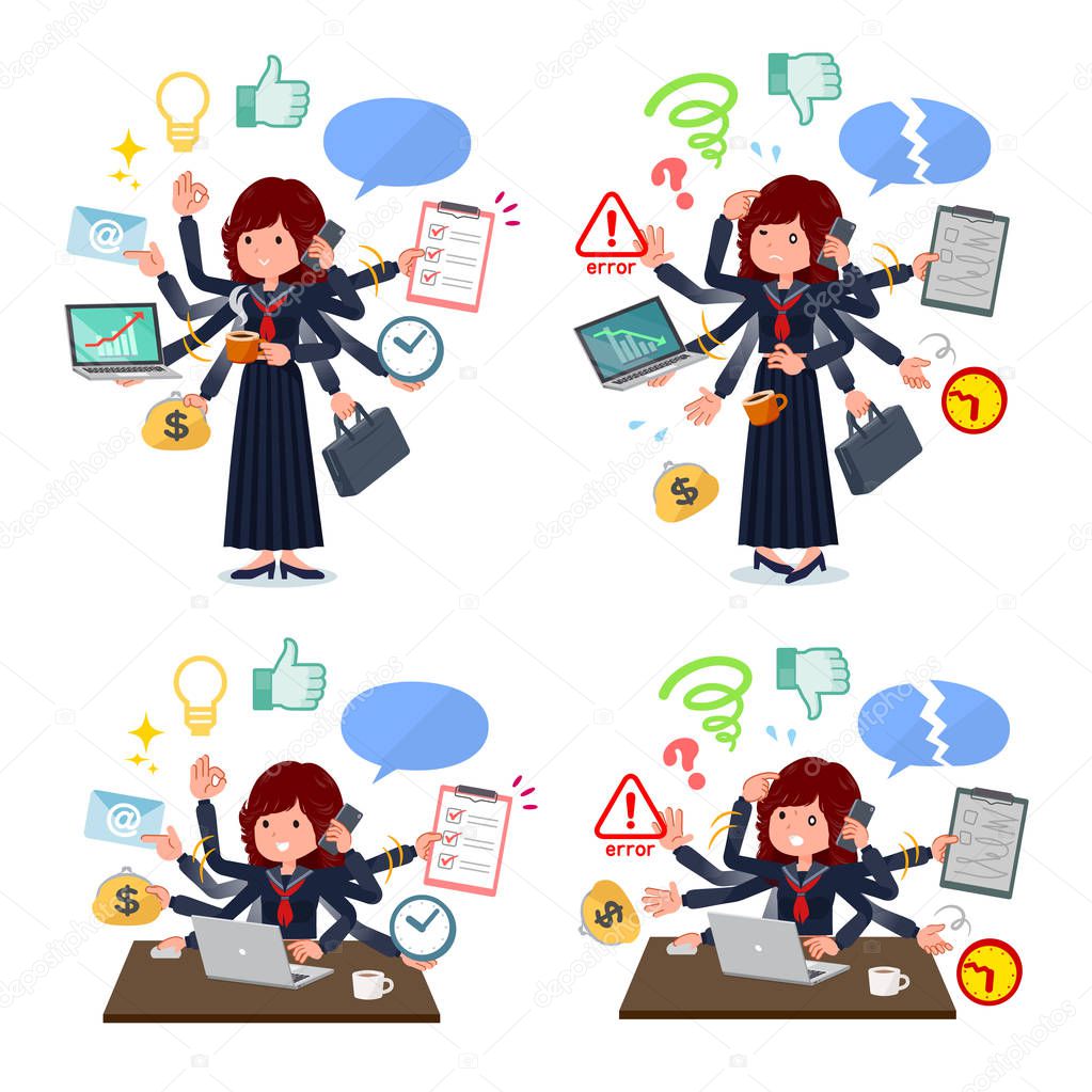 A set of japan school girl who perform multitasking in the office.There are things to do smoothly and a pattern that is in a panic.It's vector art so it's easy to edit