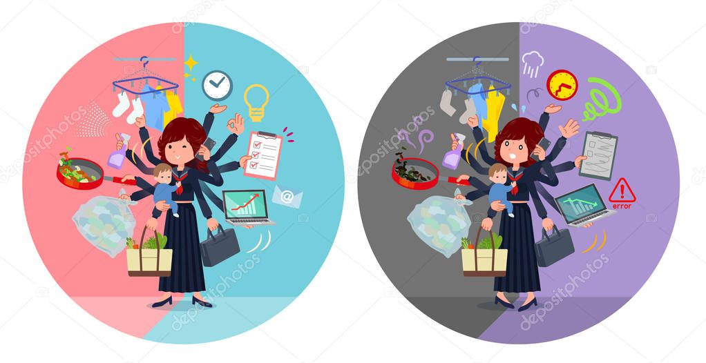 A set of japan school girl who perform multitasking in offices and private.There are things to do smoothly and a pattern that is in a panic.It's vector art so it's easy to edit