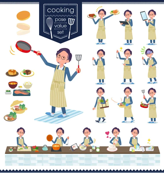 Tipo plano traje azul gafas man _ cooking — Vector de stock