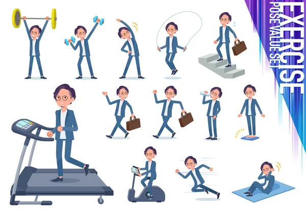 Flat type blue suit Glasses man_exercise — Stock Vector