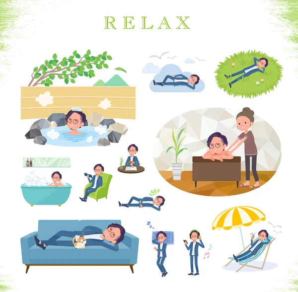 Plat type blauw pak bril man_relax — Stockvector