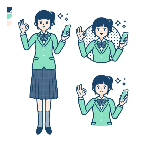 Tipo simple chica de la escuela verde Blazer _ smartphone OK — Archivo Imágenes Vectoriales