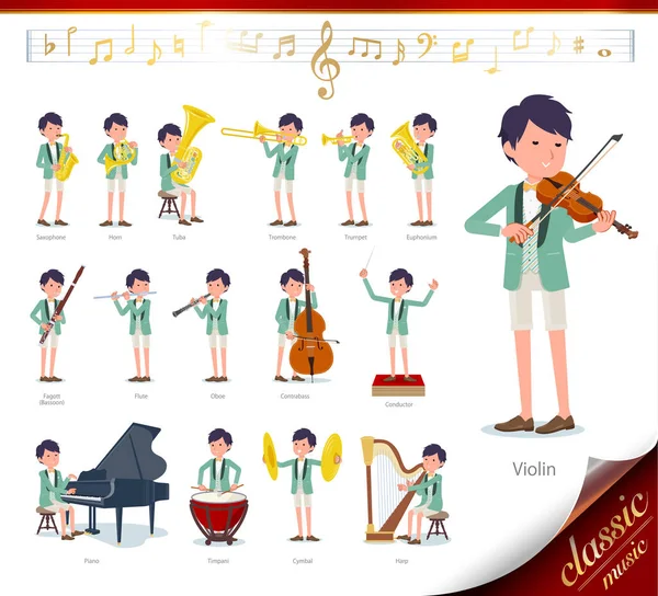 Tipo plano esmoquin casual verde men _ classic music — Vector de stock