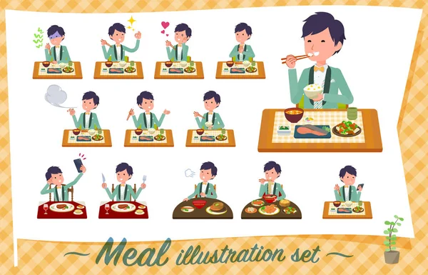 Flat type green casual tuxedo men_Meal — Stock Vector