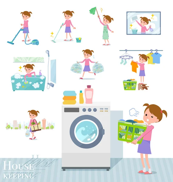 Plochý typ růžový oděv girl_housekeeping — Stockový vektor