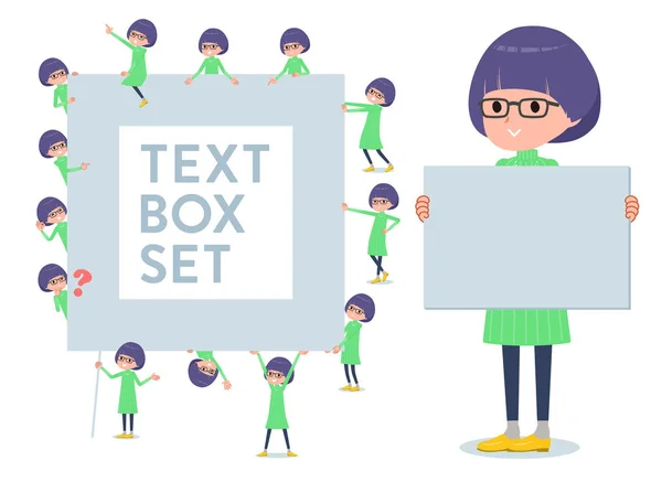 Tipo plano ropa verde gafas girl _ text caja — Vector de stock