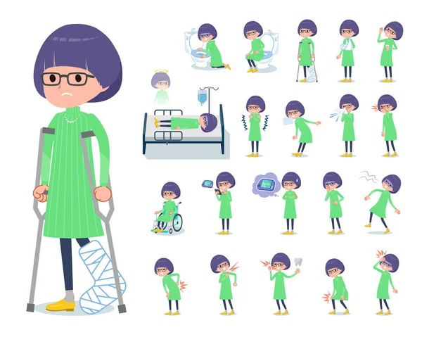 Flat type Green clothes Glasses girl_sickness — Stock Vector