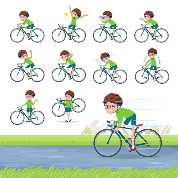 Tipo plano Ropa verde gafas boy _ road bicicleta — Vector de stock