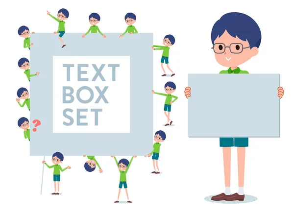 Tipo plano ropa verde gafas boy _ text caja — Vector de stock