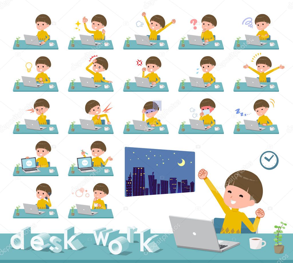 flat type Yellow clothes Bob hair boy_desk work