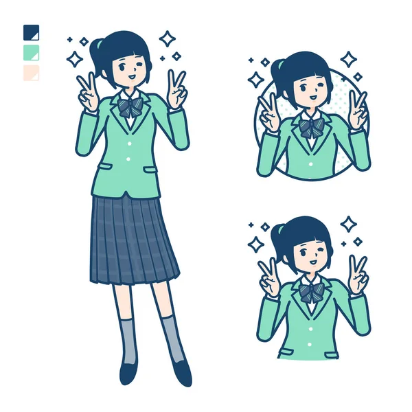 Simple school girl Green Blazer_Peace sign — 스톡 벡터