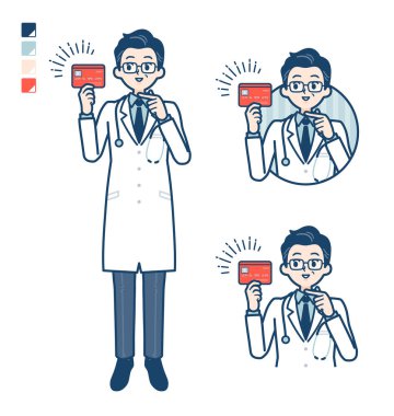 Beyaz önlüklü yaşlı doktor kredi kartı görüntülerine bakıyor.