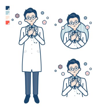 Beyaz önlüklü yaşlı doktor dinleniyor.