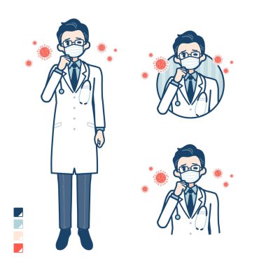 Beyaz önlüklü yaşlı doktor maske tak ve öksür.
