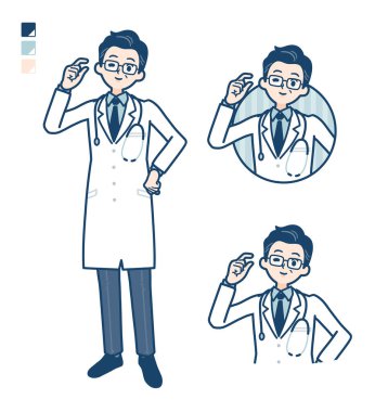 Beyaz önlüklü yaşlı doktor. Sadece bir kaç el işareti var.