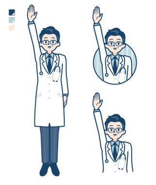 Beyaz önlüklü yaşlı doktor el resmini kaldırsın.
