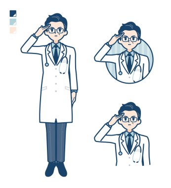 Beyaz önlüklü yaşlı doktor selam veriyor.