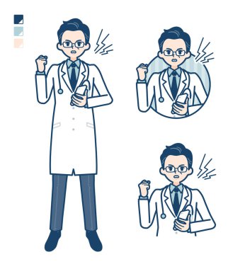 Beyaz önlüklü yaşlı doktor elinde akıllı telefon ve öfke görüntüleri tutuyor.