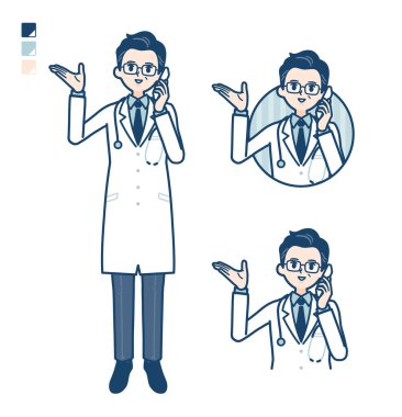 Beyaz önlüklü yaşlı doktor akıllı telefon görüntülerini arıyor.