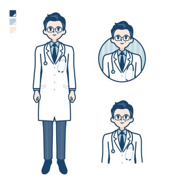 Gülümseyen resimli beyaz önlüklü yaşlı doktor.