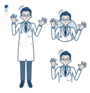 Beyaz önlüklü yaşlı doktor şaşırmış görünüyor.