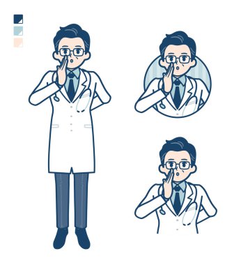 Fısıldayan resimli beyaz önlüklü yaşlı doktor.