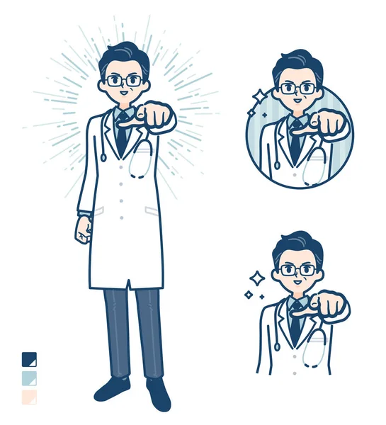 Vieux Docteur Dans Manteau Blanc Avec Pointage Vers Les Images — Image vectorielle