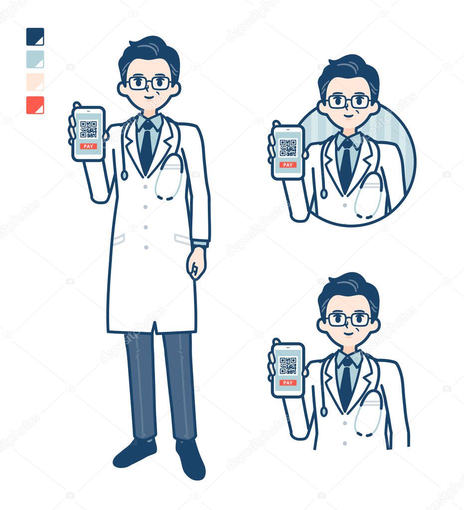 Old Doctor In A White Coat with cashless payment on smartphone images