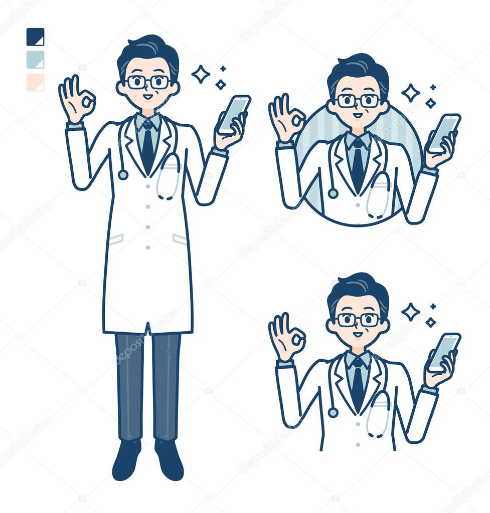 Old Doctor In A White Coat with Holding a smartphone and doing an OK sign images