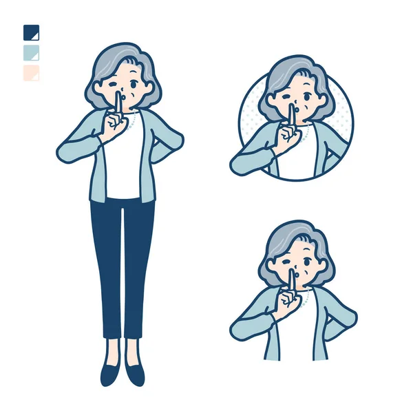 Seniorin Anzug Mit Ruhigen Handzeichen Bildern — Stockvektor