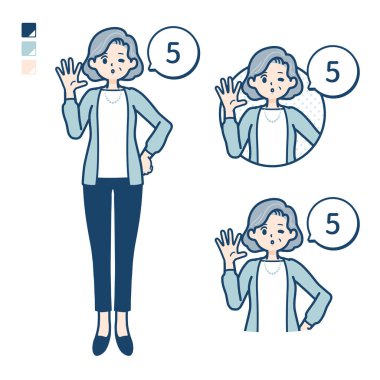 Takım elbiseli yaşlı kadın, 5 resim sayıyor.