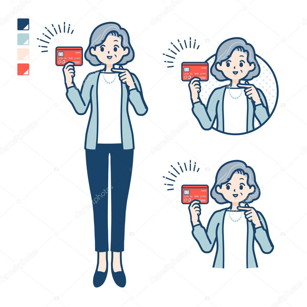 Senior woman in a suit with pointing at credit card images
