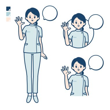 Selamlama görüntüleriyle genç bir hemşire.