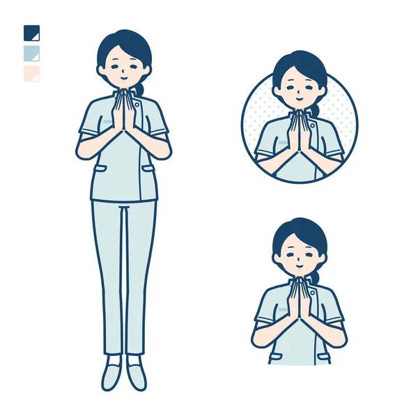 Μια Νεαρή Νοσοκόμα Γυναίκα Χέρια Του Τύπου Εικόνες Προσευχής — Διανυσματικό Αρχείο