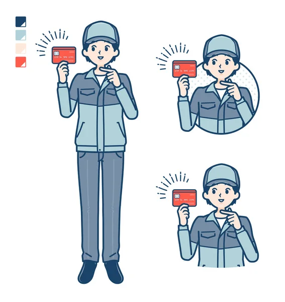 一个穿着工作服指着信用卡图像的男人 — 图库矢量图片