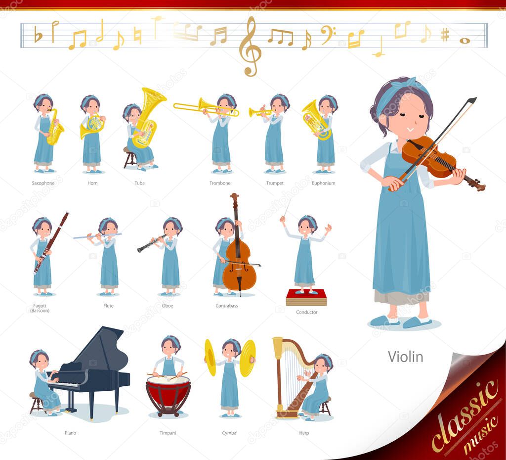 A set of mom on classical music performances.There are actions to play various instruments such as string instruments and wind instruments.It's vector art so it's easy to edit.