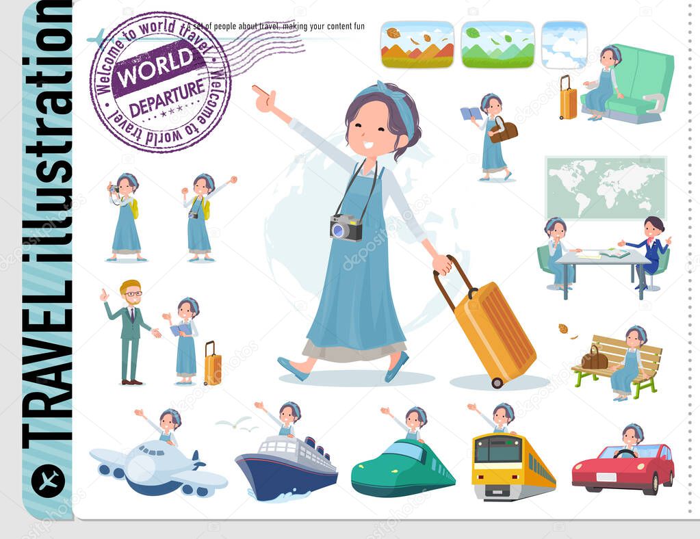 A set of mom on travel.There are also vehicles such as boats and airplanes.It's vector art so it's easy to edit.