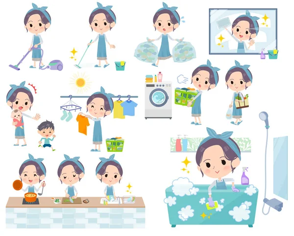 Set Mom Related Housekeeping Cleaning Laundry Various Actions Cooking Child — Stock Vector