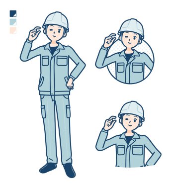 Üzerinde sadece bir parça el işareti olan iş kıyafeti giyen bir adam